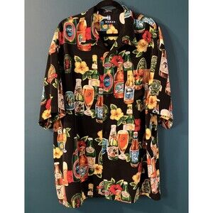 VTG Koman Sport Hawaiian Shirt Beer Bottles Flower Men’s XXL Black Short Sleeve